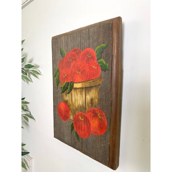 Vintage 1971 Hand-Painted Wooden Painting Apples in Basket Rustic Farmhouse Art - Picture 6 of 10